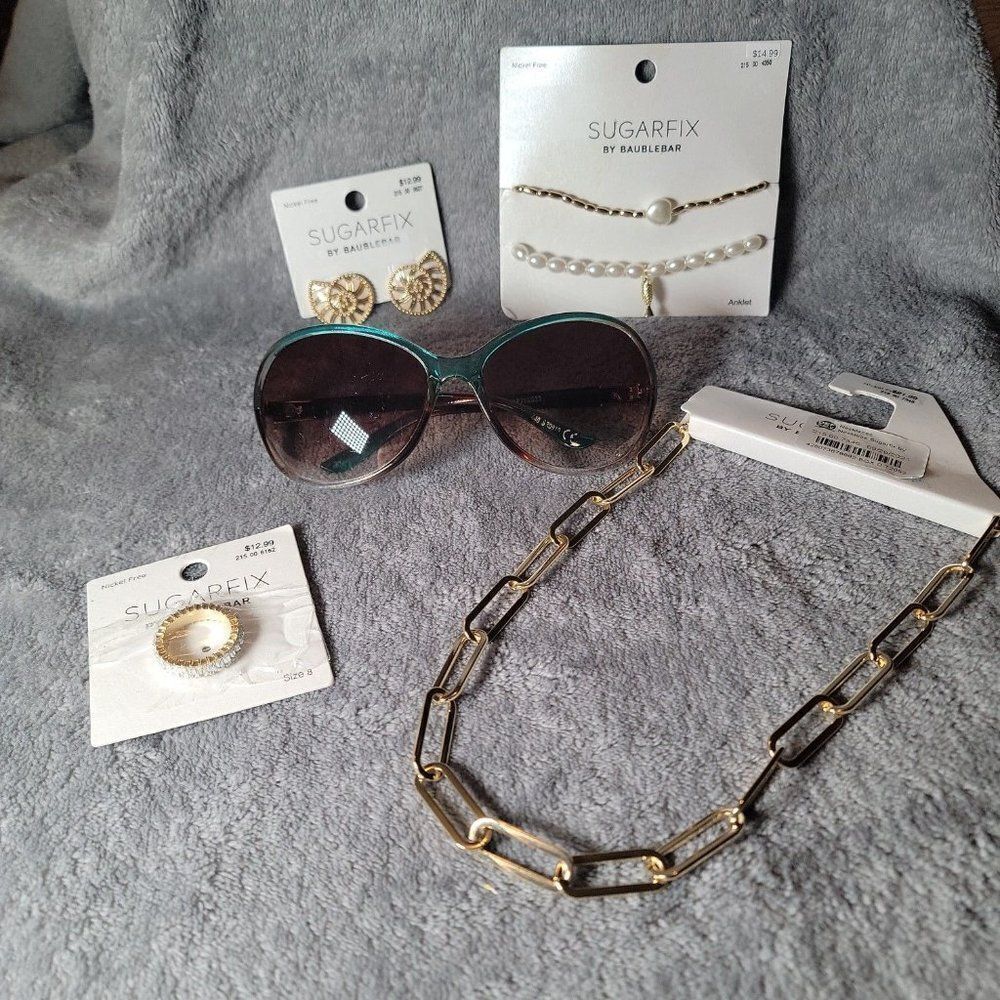 Sugar Fix Womens Gold Diamond Ring Chain Necklace Earrings Huge Jewelry Bundle